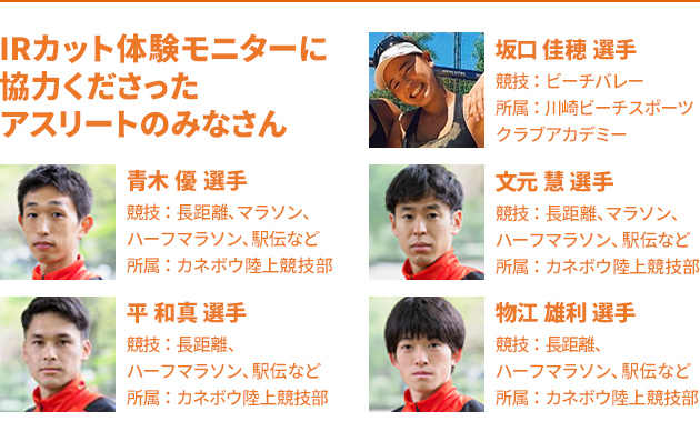 IRカット体験モニターに協力くださったアスリートのみなさん 坂口 佳穂 選手 青木 優 選手 文元 慧 選手 平 和真 選手 物江 雄利 選手